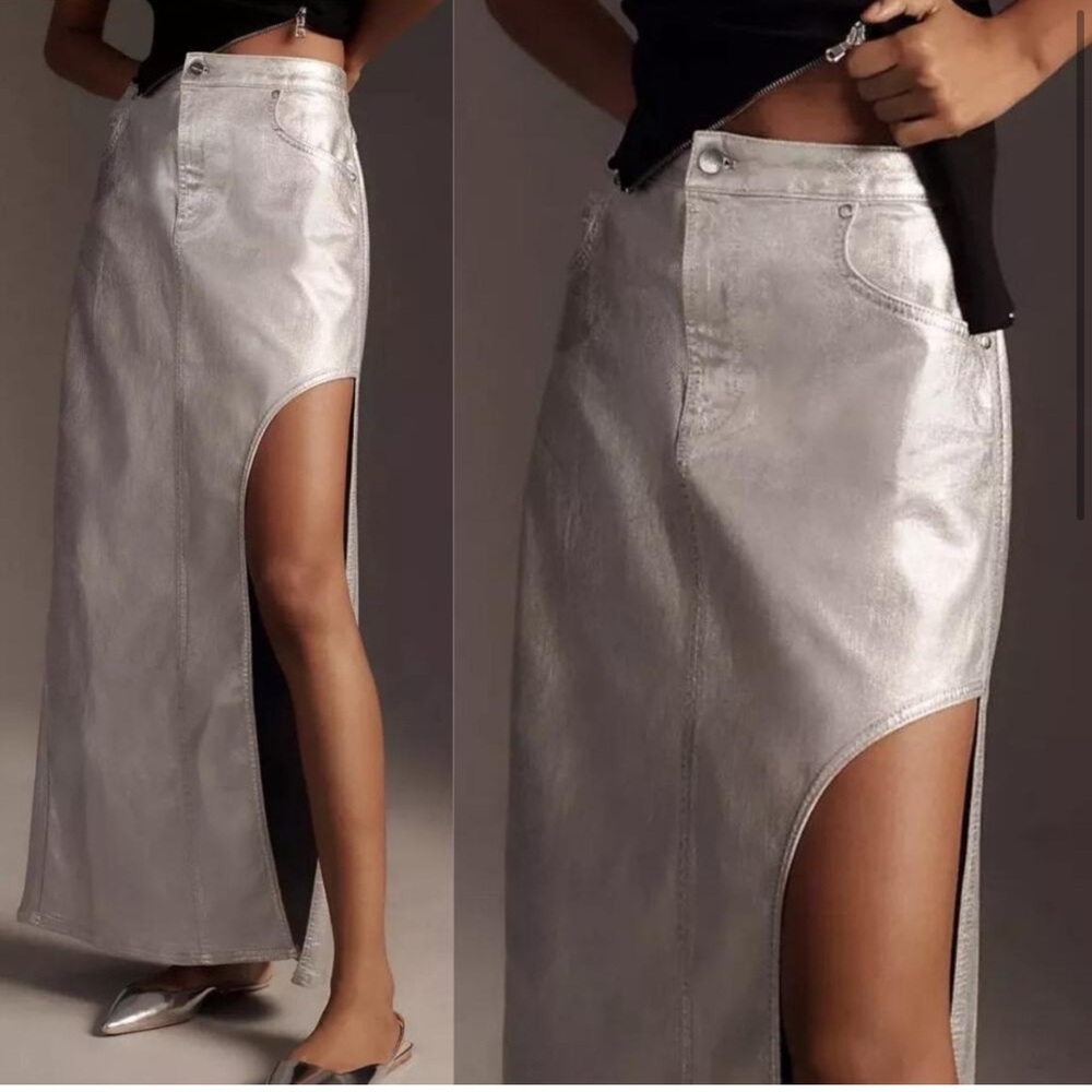 Anthropologie Pilcro Side-Slit Maxi Skirt in Silver Size 8
